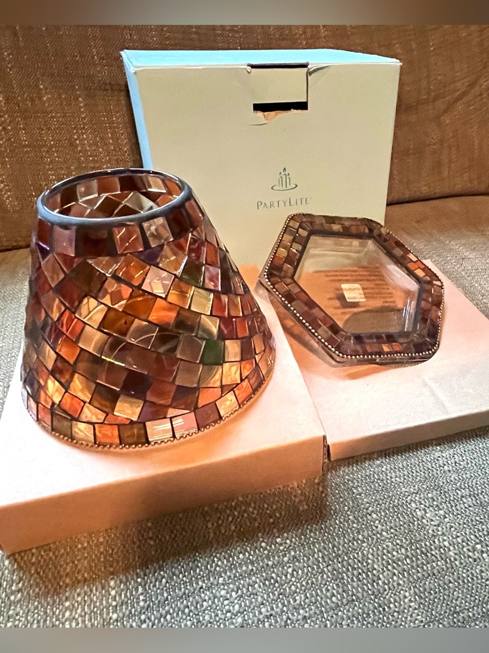 Partylite GLOBAL FUSION Mosaic Glass Candle Holder Shade & Tray HB3105U